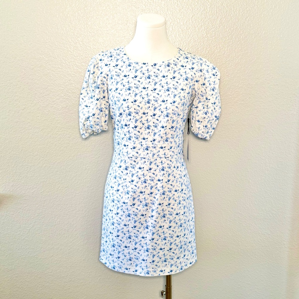 NWT Forever 21 Mini Dress Blue White Floral Puff Sleeve Open Back Cottagecore M - Picture 4 of 13